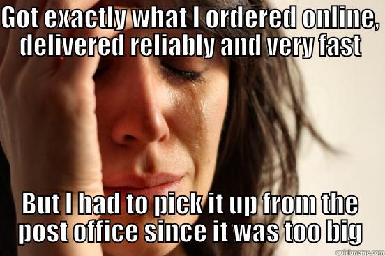 GOT EXACTLY WHAT I ORDERED ONLINE, DELIVERED RELIABLY AND VERY FAST BUT I HAD TO PICK IT UP FROM THE POST OFFICE SINCE IT WAS TOO BIG First World Problems