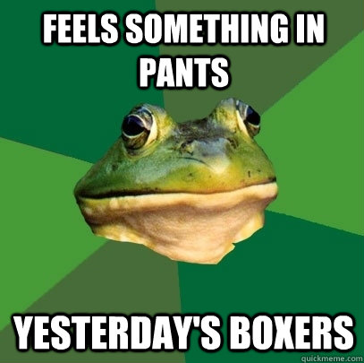 Feels something in pants yesterday's boxers  Foul Bachelor Frog