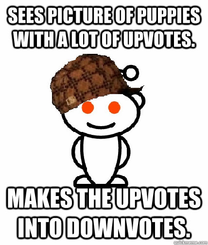 Sees picture of puppies with a lot of upvotes. Makes the upvotes into downvotes.  Scumbag Reddit