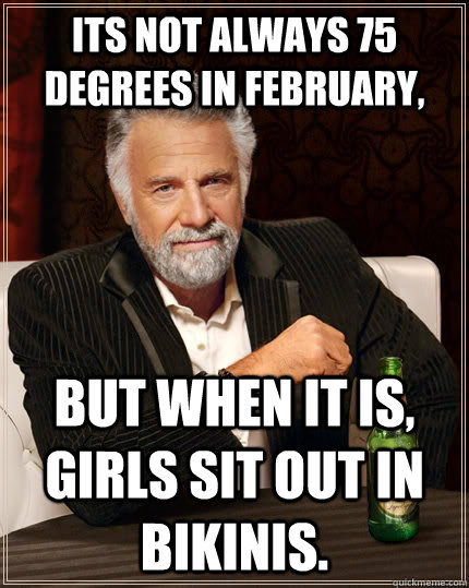 Its not always 75 degrees in February, but when it is, girls sit out in bikinis.  The Most Interesting Man In The World