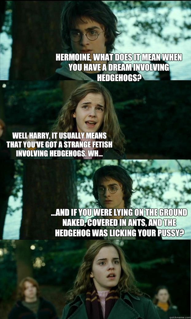Hermoine, what does it mean when you have a dream involving hedgehogs? Well Harry, it usually means that you've got a strange fetish involving hedgehogs. Wh... ...and if you were lying on the ground naked, covered in ants, and the hedgehog was licking you  Horny Harry