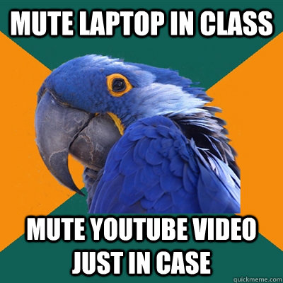 Mute laptop in class  mute youtube video just in case  Paranoid Parrot
