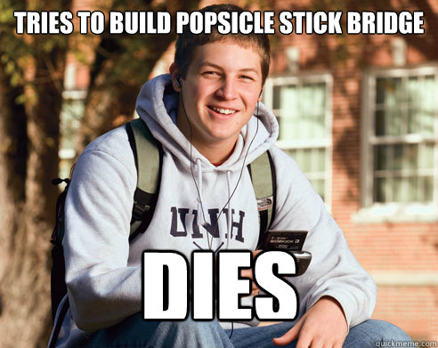Tries to build popsicle stick bridge Dies  College Freshman