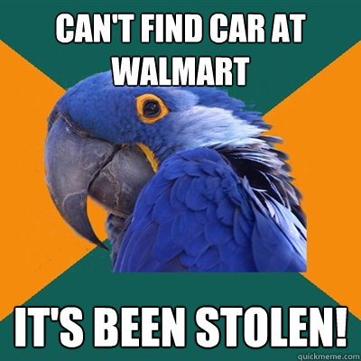 can't find car at walmart it's been stolen!  Paranoid Parrot