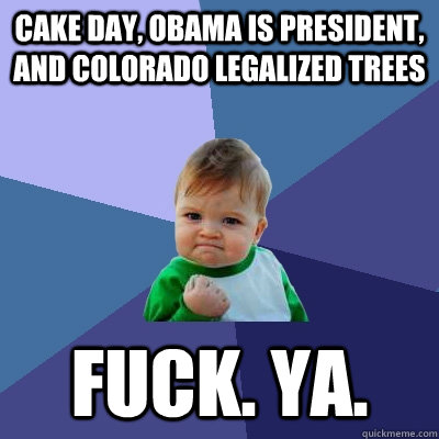 Cake Day, Obama is President, and Colorado Legalized Trees FUCK. YA. - Cake Day, Obama is President, and Colorado Legalized Trees FUCK. YA.  Success Kid
