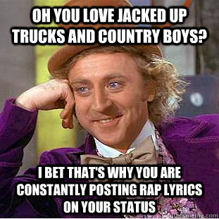 Oh you love jacked up trucks and country boys? I bet that's why you are constantly posting rap lyrics on your status  Condescending Wonka
