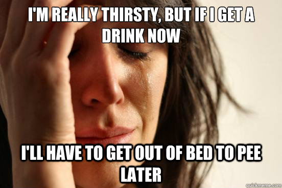 I'm really thirsty, but if i get a drink now i'll have to get out of bed to pee later     First World Problems