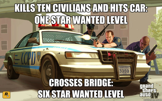 Kills ten civilians and hits car: 
one star wanted level Crosses bridge:
Six Star wanted level - Kills ten civilians and hits car: 
one star wanted level Crosses bridge:
Six Star wanted level  Bad GTA police