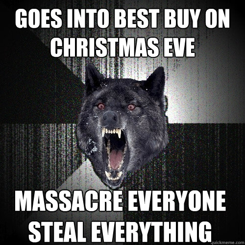 GOES INTO BEST BUY ON CHRISTMAS EVE MASSACRE EVERYONE
STEAL EVERYTHING  Insanity Wolf