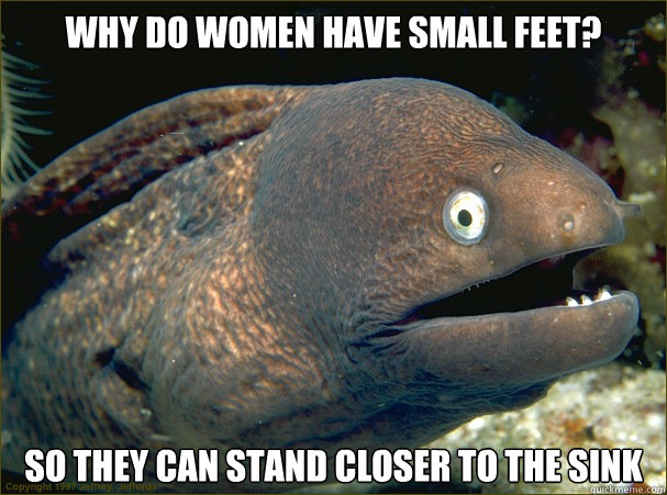 why do women have small feet? so they can stand closer to the sink  Bad Joke Eel