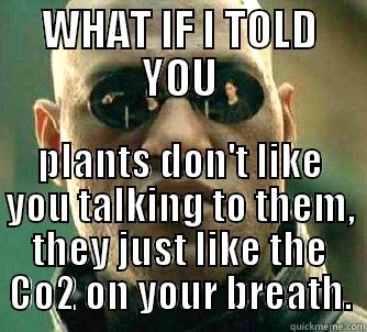 WHAT IF I TOLD YOU PLANTS DON'T LIKE YOU TALKING TO THEM, THEY JUST LIKE THE CO2 ON YOUR BREATH. Matrix Morpheus