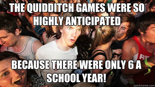 The quidditch games were so highly anticipated because there were only 6 a school year!  Sudden Clarity Clarence