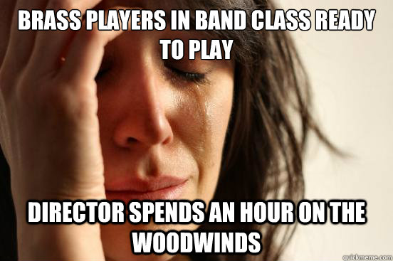 BRASS PLAYERS IN BAND CLASS READY TO PLAY DIRECTOR SPENDS AN HOUR ON THE WOODWINDS  First World Problems