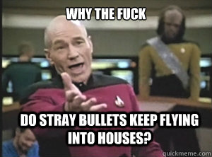 why the fuck do stray bullets keep flying into houses?  Annoyed Picard