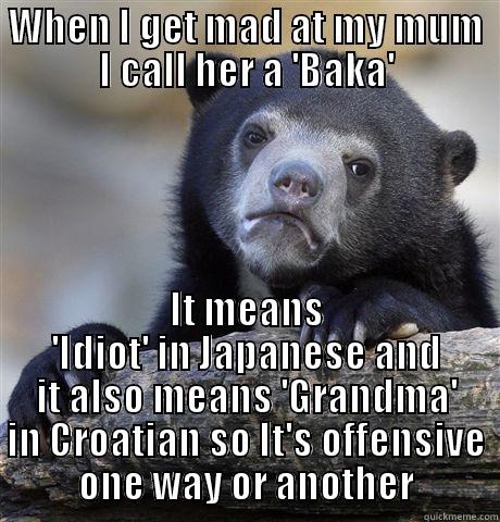 WHEN I GET MAD AT MY MUM I CALL HER A 'BAKA' IT MEANS 'IDIOT' IN JAPANESE AND IT ALSO MEANS 'GRANDMA' IN CROATIAN SO IT'S OFFENSIVE ONE WAY OR ANOTHER Confession Bear