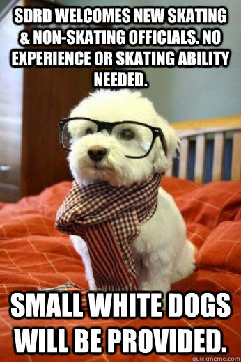 SDRD welcomes new skating & non-skating officials. No experience or skating ability needed. Small white dogs will be provided.  Hipster Dog