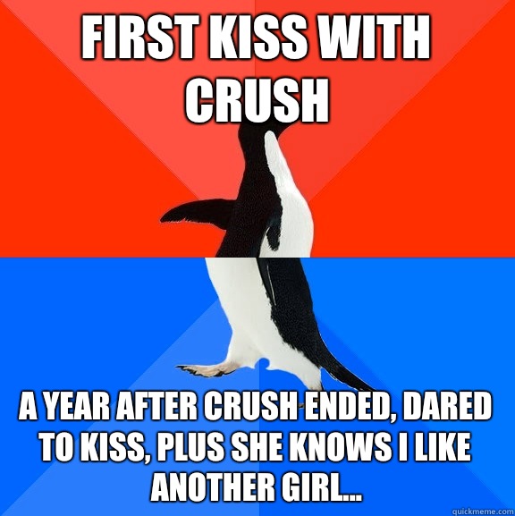First kiss with crush  A year after crush ended, dared to kiss, plus she knows I like another girl...  Socially Awesome Awkward Penguin