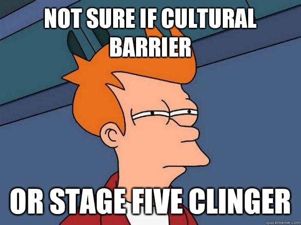 Not sure if cultural barrier Or Stage Five clinger - Not sure if cultural barrier Or Stage Five clinger  Futurama Fry