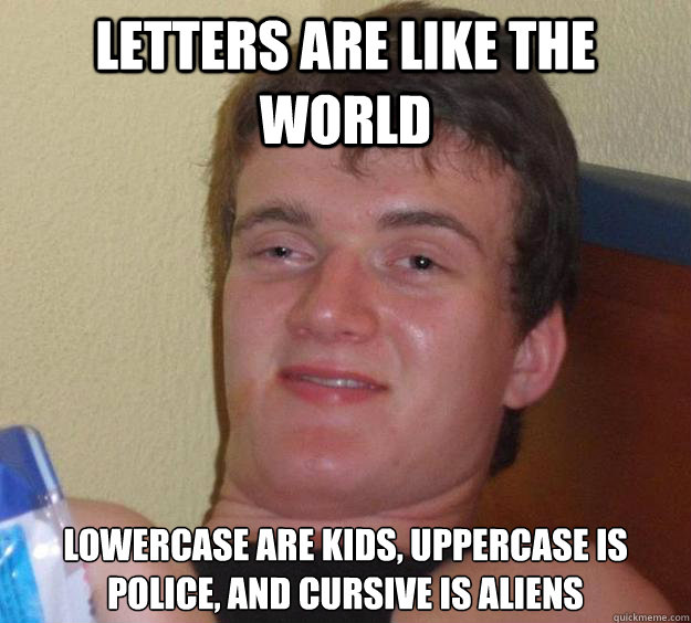 letters are like the world lowercase are kids, uppercase is police, and cursive is aliens  10 Guy