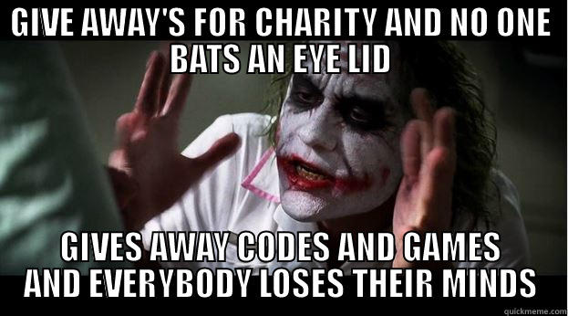 GIVE AWAY'S FOR CHARITY AND NO ONE BATS AN EYE LID GIVES AWAY CODES AND GAMES AND EVERYBODY LOSES THEIR MINDS Joker Mind Loss