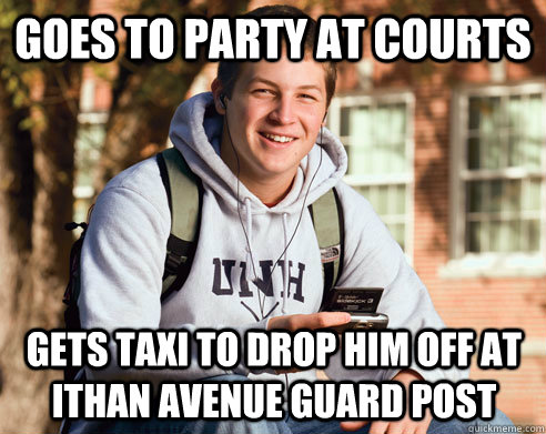 Goes to party at courts Gets taxi to drop him off at Ithan Avenue Guard Post  College Freshman