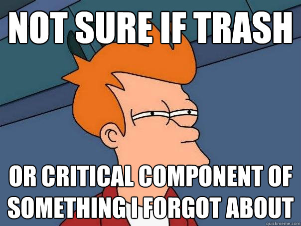 not sure if trash or critical component of something i forgot about  - not sure if trash or critical component of something i forgot about   Futurama Fry