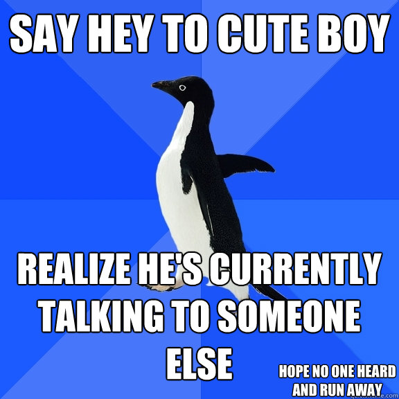 Say hey to cute boy Realize he's currently talking to someone else Hope no one heard and run away  Socially Awkward Penguin