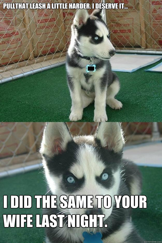 Pullthat leash a little harder. I deserve it... I did the same to your wife last night.  Insanity puppy