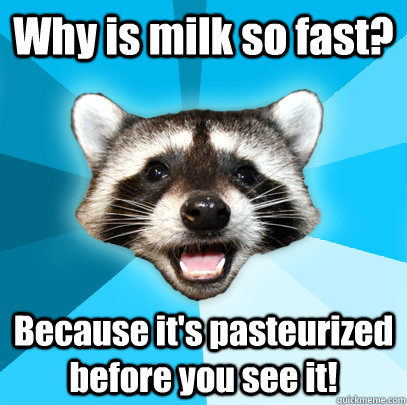Why is milk so fast? Because it's pasteurized before you see it!   Lame Pun Coon
