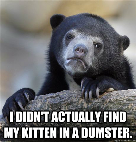  I didn't actually find my kitten in a dumster.  Confession Bear