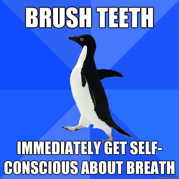 brush teeth immediately get self-conscious about breath  Socially Awkward Penguin