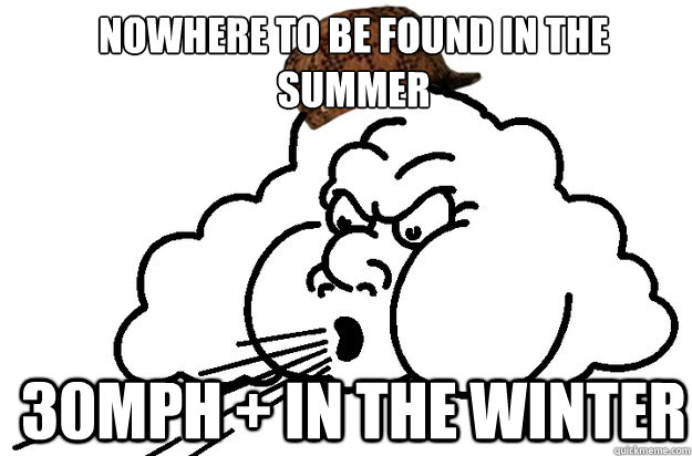 Nowhere to be found in the summer 30mph + in the winter - Nowhere to be found in the summer 30mph + in the winter  Scumbag wind