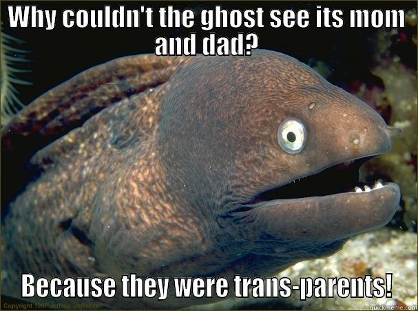 WHY COULDN'T THE GHOST SEE ITS MOM AND DAD? BECAUSE THEY WERE TRANS-PARENTS! Bad Joke Eel