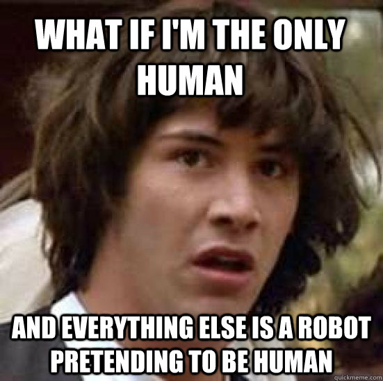 What if i'm the only human and everything else is a robot pretending to be human - What if i'm the only human and everything else is a robot pretending to be human  conspiracy keanu
