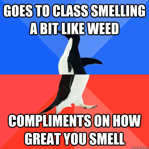 goes to class smelling a bit like weed compliments on how great you smell  Socially Awkward Awesome Penguin