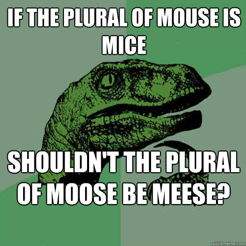 If the plural of mouse is mice shouldn't the plural of moose be meese?  Philosoraptor