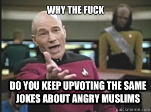 why the fuck do you keep upvoting the same jokes about angry muslims  Annoyed Picard