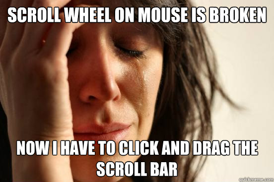 Scroll wheel on mouse is broken Now I have to click and drag the scroll bar  First World Problems