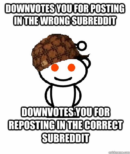 downvotes you for posting in the wrong subreddit downvotes you for reposting in the correct subreddit  Scumbag Redditor