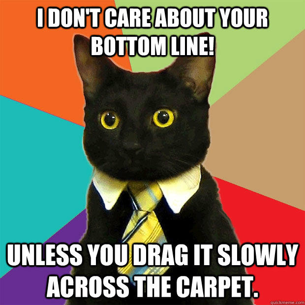I don't CARE about your bottom line! Unless you drag it slowly across the carpet.  Business Cat