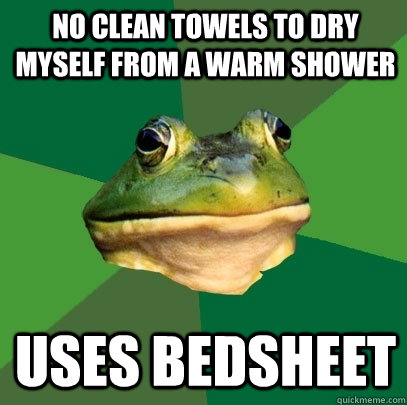 No clean towels to dry myself from a warm shower Uses bedsheet  Foul Bachelor Frog