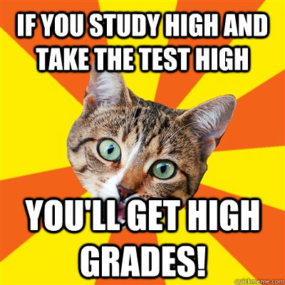 If you study high and take the test high You'll get high grades! - If you study high and take the test high You'll get high grades!  Bad Advice Cat