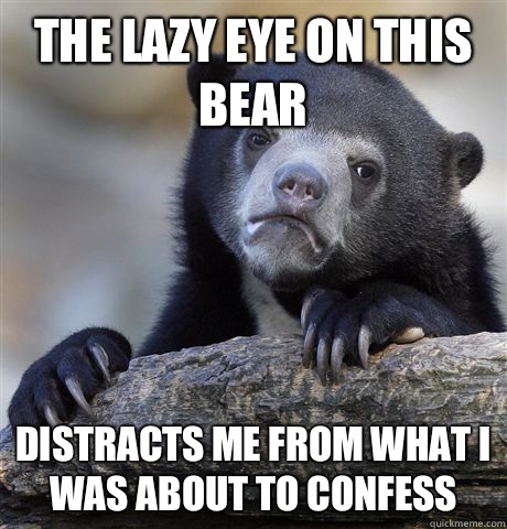 The lazy eye on this bear Distracts me from what I was about to confess  Confession Bear
