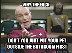 why the fuck Don't you just put your pet outside the bathroom first  Annoyed Picard