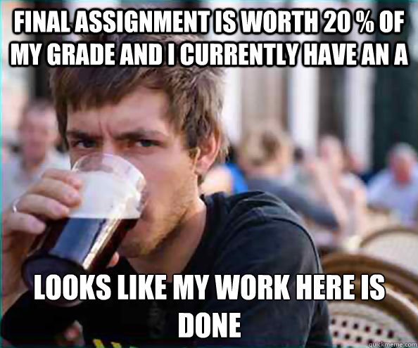 Final assignment is worth 20 % of my grade and i currently have an A Looks like my work here is done  Lazy College Senior