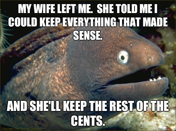 My wife left me.  She told me I could keep everything that made sense. And she'll keep the rest of the cents.  Bad Joke Eel