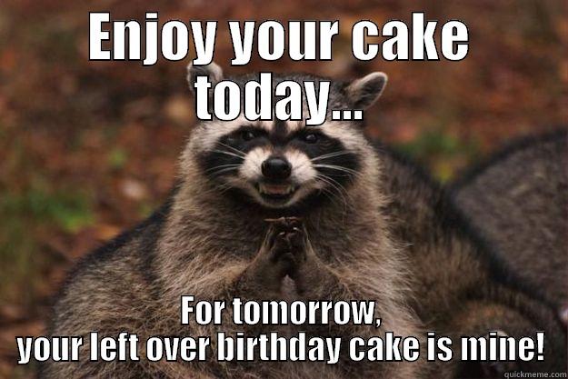 Left overs - ENJOY YOUR CAKE TODAY... FOR TOMORROW, YOUR LEFT OVER BIRTHDAY CAKE IS MINE! Evil Plotting Raccoon