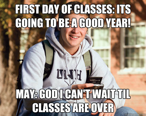 First day of classes: its going to be a good year! May: god i can't wait til classes are over  College Freshman