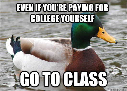 Even if you're paying for college yourself Go to class  Actual Advice Mallard