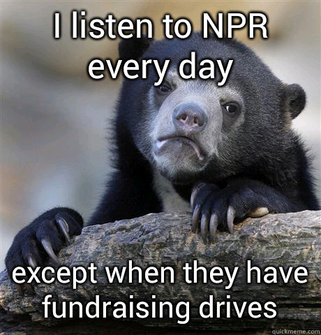 I listen to NPR every day except when they have fundraising drives  Confession Bear